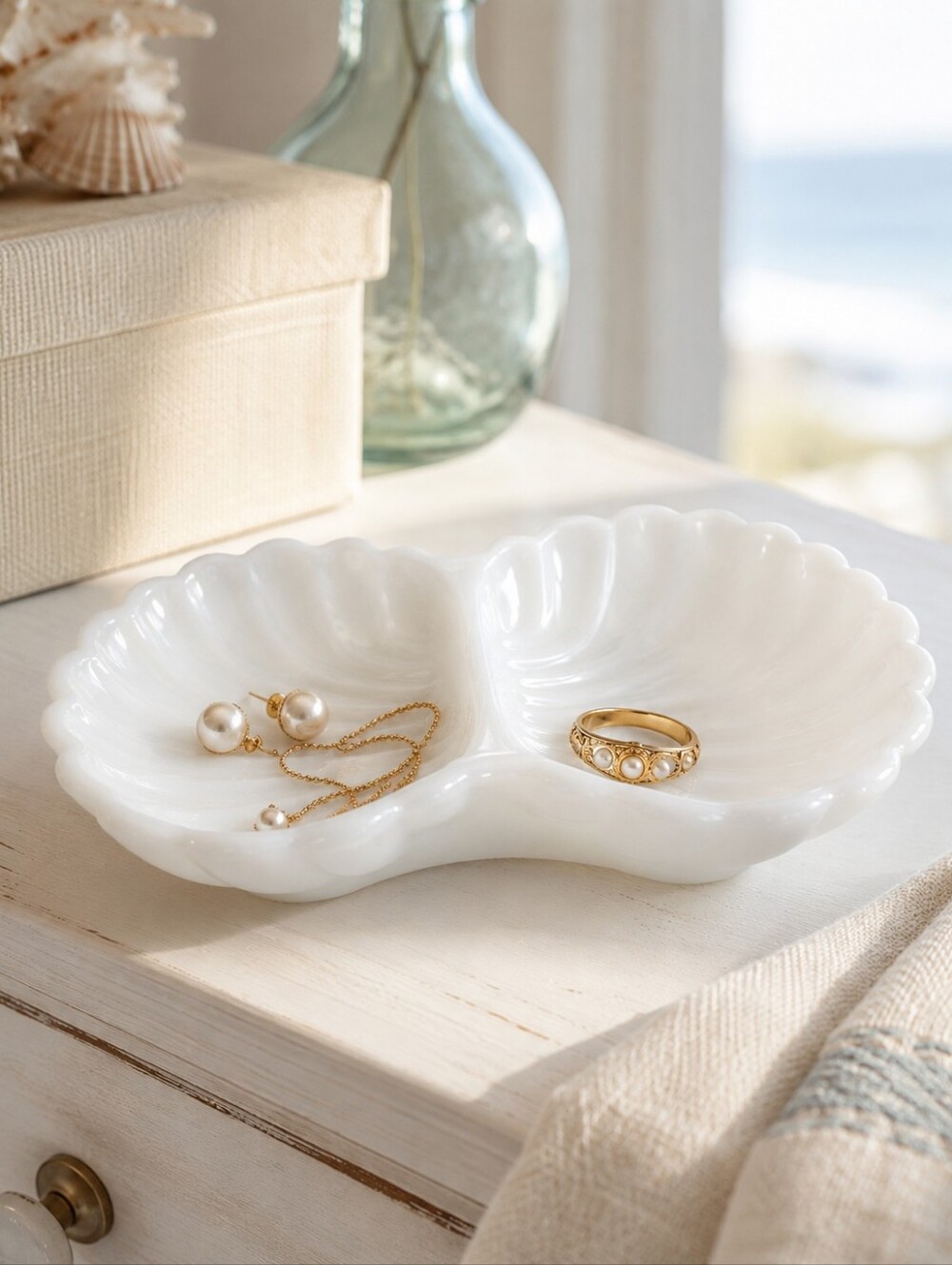 Vintage Avon Milk Glass Double Shell Trinket Dish Coastal Vanity Decor